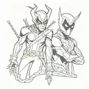 Loki and Deadpool characters together  tattoo design idea