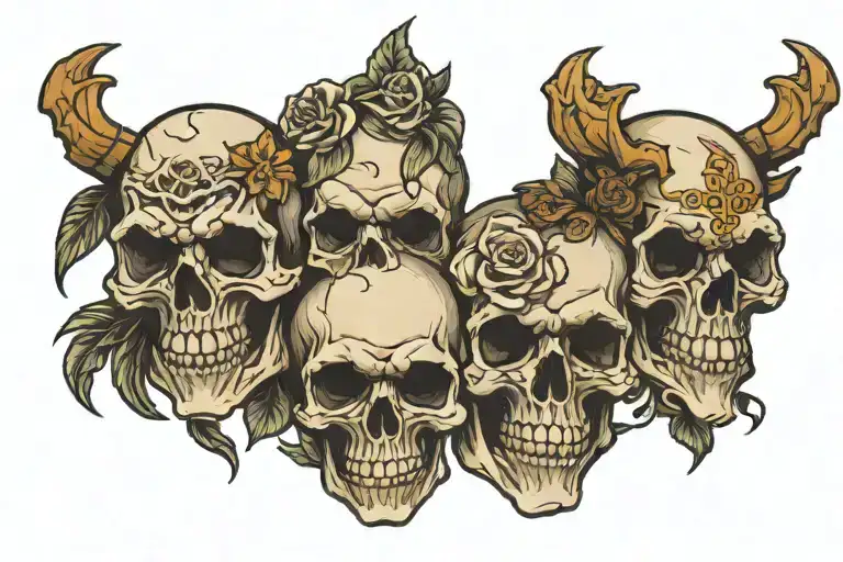 3 skulls lined up, one angled upwards with a smile, one facing straight forward, one angled down looking sad tattoo design idea