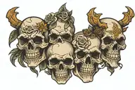 3 skulls lined up, one angled upwards with a smile, one facing straight forward, one angled down looking sad tattoo design idea