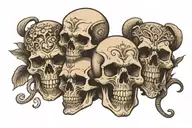 3 skulls lined up, one angled upwards with a smile, one facing straight forward, one angled down looking sad tattoo design idea