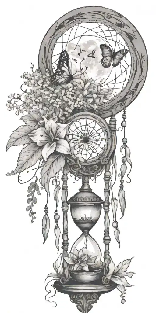 An hourglass moon dream catcher filled with lilies and butterflies Queen Anne's lace  nature tears broken depressed tattoo design idea