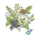 celestial, herbs, potion, crystal, mystical, witchy, herbal, herb leaves, wildflower, poison, potion bottle, berries tattoo design idea