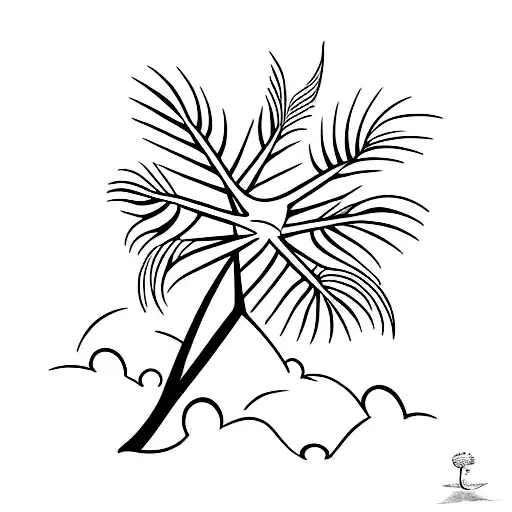 A minimalist tattoo of a beach scene with palm trees and seagulls tattoo design idea