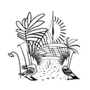 A minimalist tattoo of a beach scene with palm trees and seagulls tattoo design idea