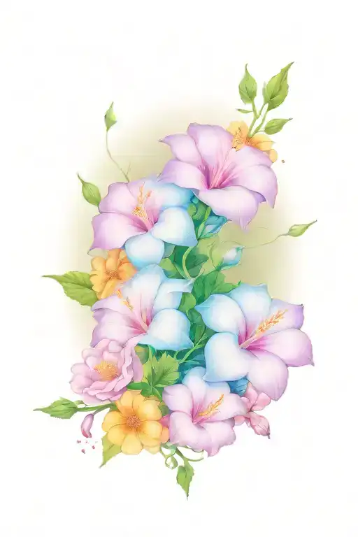 A celestial scene of morning glory, cosmos flowers intertwined symbolizing the bond between siblings tattoo design idea