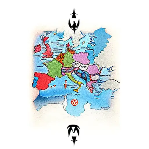 map of western Europe, with a compass pointing from Amsterdam to Valencia  tattoo design idea
