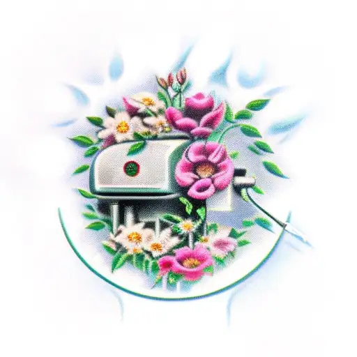 Vintage gas pump surrounded by flowers tattoo design idea