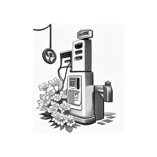 Vintage gas pump surrounded by flowers tattoo design idea