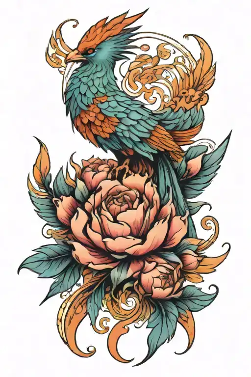 art nouveau colored inspired tattoo featuring phoenix wings rising from ashes words and still I rise with peonies   tattoo design idea