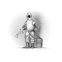 kid standing in front of a door. Sword hanging from his right hand, a book in his left hand. The door opens to a univers tattoo design idea