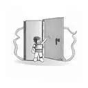 kid standing in front of a door. Sword hanging from his right hand, a book in his left hand. The door opens to a univers tattoo design idea