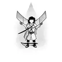 kid standing in front of a door. Sword hanging from his right hand, a book in his left hand. The door opens to a univers tattoo design idea