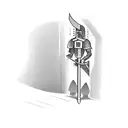 kid standing in front of a door. Sword hanging from his right hand, a book in his left hand. The door opens to a univers tattoo design idea