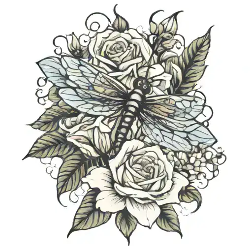 roses lilies dragonfly tattoo design idea