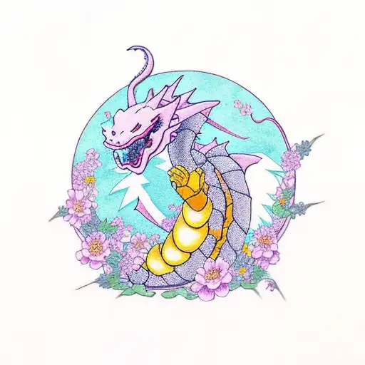 Dragonite from pokemon surrounded by flowers tattoo design idea