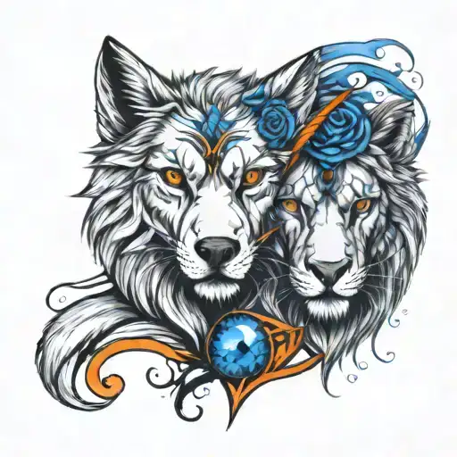 half wolf (with a blue eye) and half lion ( with a orange eye). wolf on the right side and the lion on the left tattoo design idea