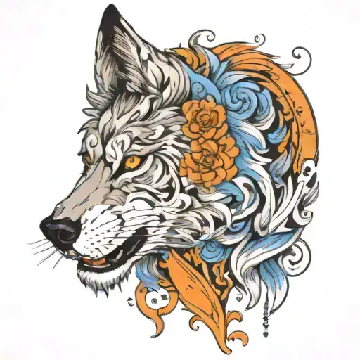 half wolf (with a blue eye) and half lion ( with a orange eye) surrounded tattoo design idea