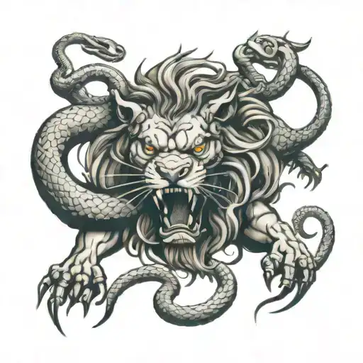 demons fighting lion surrounded by snakes tattoo design idea