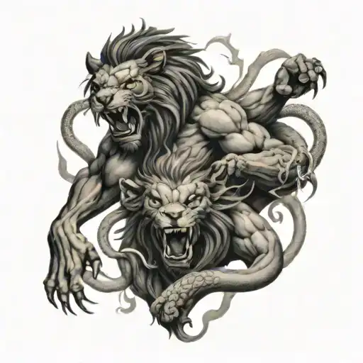 demons fighting a lion surrounded by snakes tattoo design idea
