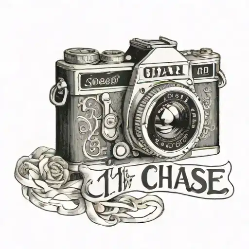 Camera made out of the number 111, with the name Chase in cursive under it tattoo design idea