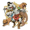 kratos killing zeus, hades and poseidon with the background having cerberus and other gods tattoo design idea