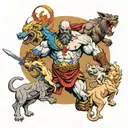 kratos killing zeus, hades and poseidon with the background having cerberus and other gods tattoo design idea