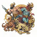 kratos killing zeus, hades and poseidon with the background having cerberus and other gods tattoo design idea