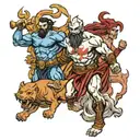kratos killing zeus, hades and poseidon with the background having cerberus and other gods tattoo design idea