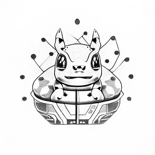A dotwork portrait of Bulbasaur driving a forklift tattoo design idea