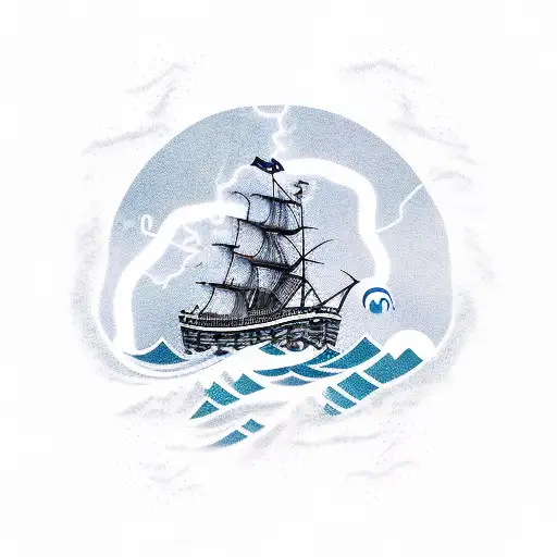 A new-school design of a pirate ship sailing through a stormy sea, with waves forming the words 'Memento Vivere' and lightning bolts illuminating the scene tattoo design idea