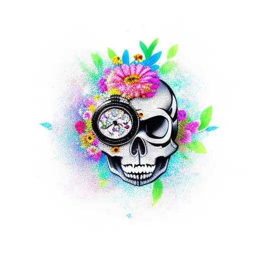 A skull with a clock embedded in its forehead, symbolizing the concept of memento vivere (remember to live), surrounded by vibrant flowers and butterflies tattoo design idea