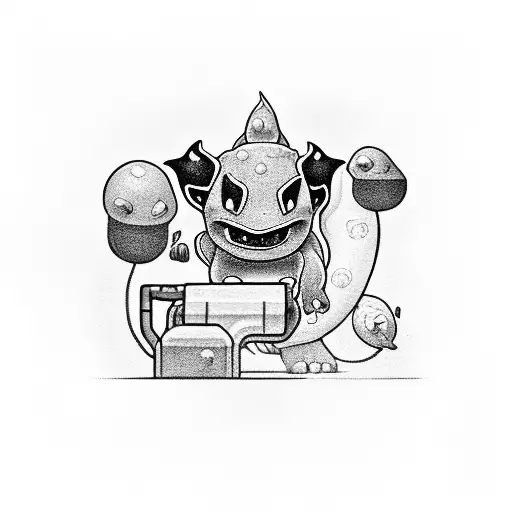 A black-grey tattoo of Bulbasaur operating a forklift tattoo design idea