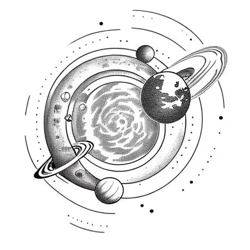 In the center there should be the phrase "amor fati", around which some planets of the solar system are located, and the tattoo design idea
