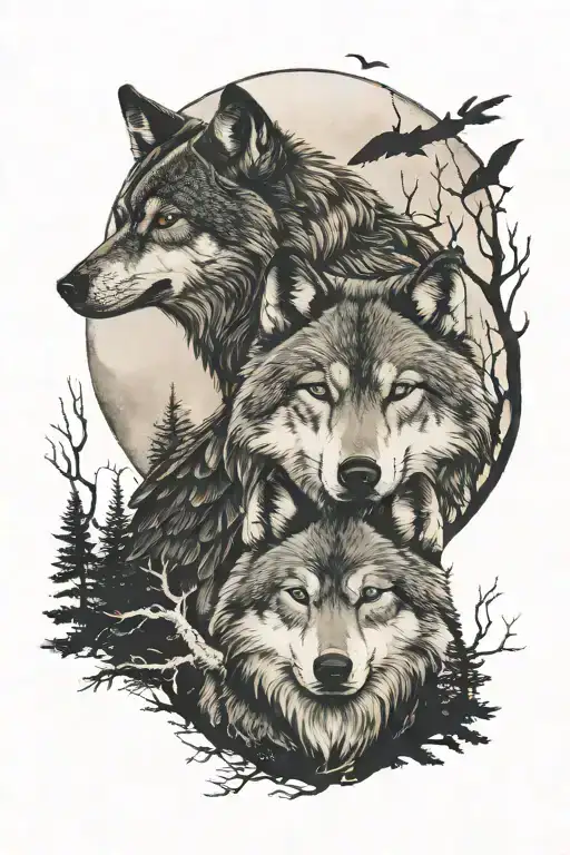 wolf and raven in a forest with moon surrounded tattoo design idea