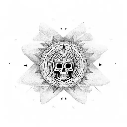 Dotwork tattoo of an Aztec sunstone surrounded by skulls tattoo design idea