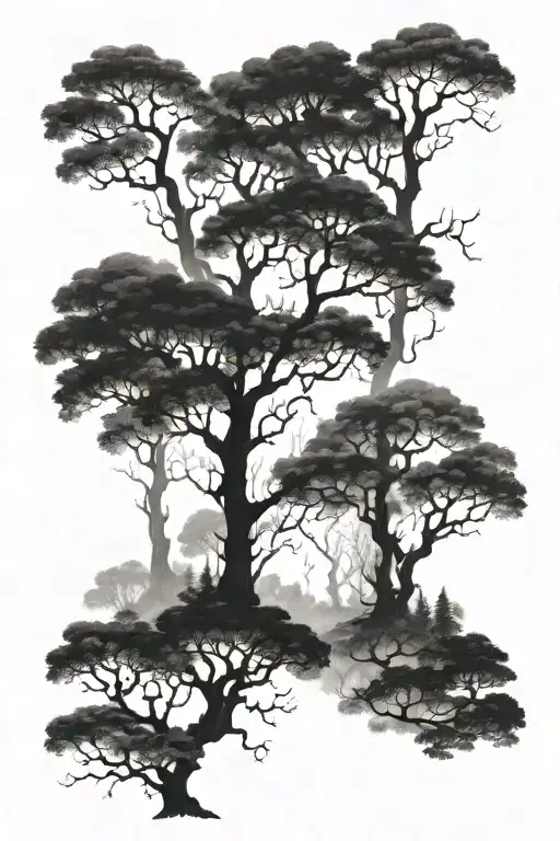 Natural Mystical Environment: Enchanted Forest: An environment with tall, dark trees, perhaps shrouded in mist, with the tattoo design idea