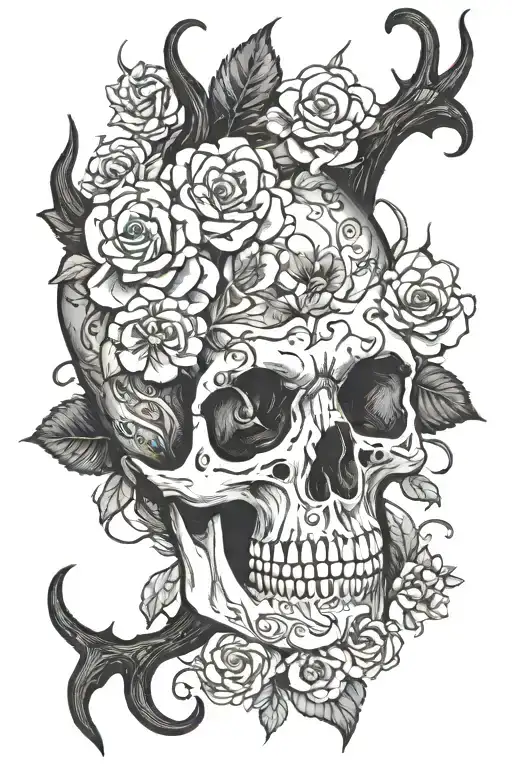 Wendigo skull surrounded by flowers tattoo design idea