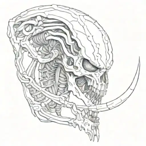 xenomorph, predator and mythosaurus skull leg sleeve tattoo design idea