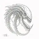 xenomorph, predator and mythosaurus skull leg sleeve tattoo design idea