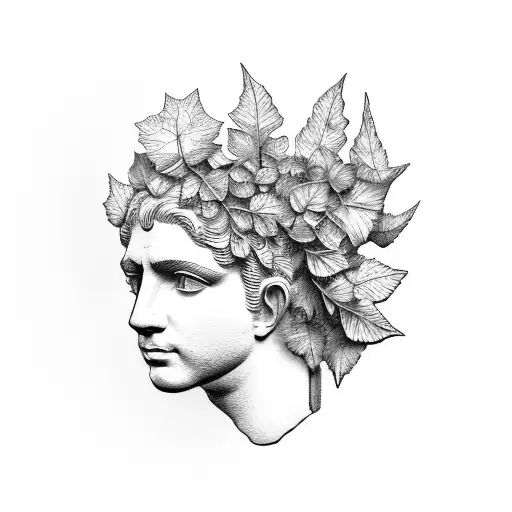 greek column with ivy plant leafs, on on the greek column greek sculpture head and sun tattoo design idea