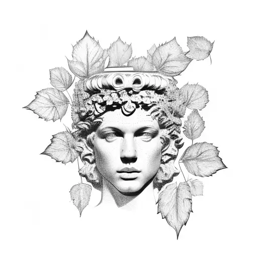 greek column with ivy plant leafs on. top greek sculpture head and sun tattoo design idea