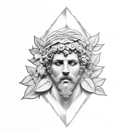 greek broken column with ivy plant leafs on it and on top greek sculpture head qnd sun tattoo design idea