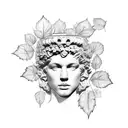 greek column with ivy plant leafs on. top greek sculpture head and sun tattoo design idea