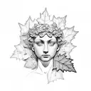 greek column with ivy plant leafs on. top greek sculpture head and sun tattoo design idea