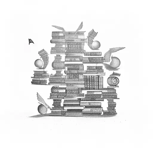 A tattoo design depicting a bookshelf filled with books floating in a surreal sky tattoo design idea