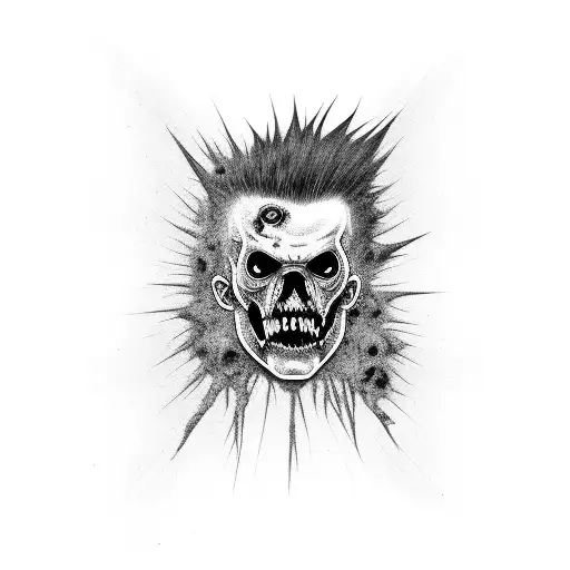 Punk rock mohawk transformed into a zombie's head tattoo design idea