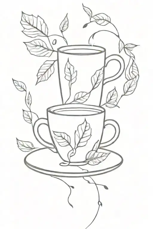 book, cup of tea, autumn leaves intertwined tattoo design idea