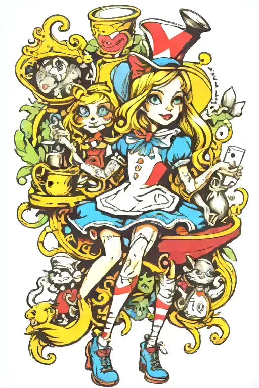 alice in wonderland graffiti themed leg sleve tattoo tattoo design idea