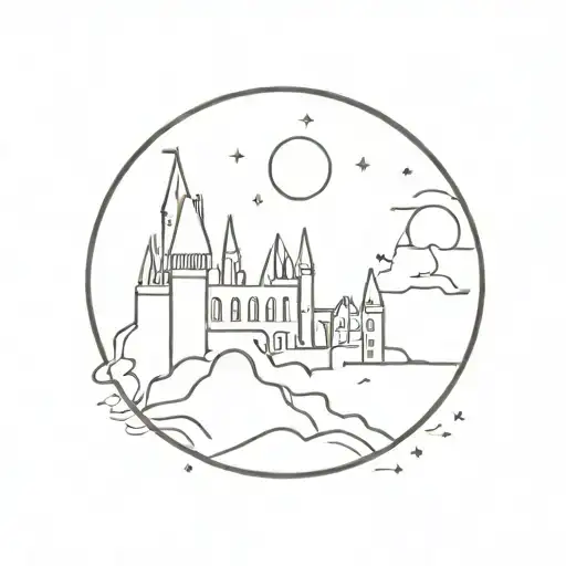 moon phase with silhouette of Hogwarts castle tattoo design idea