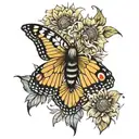 bee sunflower peacock feather butterfly tattoo design idea
